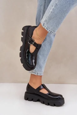 Półbuty Skórzane>Zazoo Lakierowane Skórzane Półbuty Z Klamrą 20183 Czarne Czarny