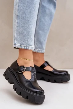 Półbuty Skórzane>Zazoo Lakierowane Skórzane Półbuty Z Klamrą 20183 Czarne Czarny