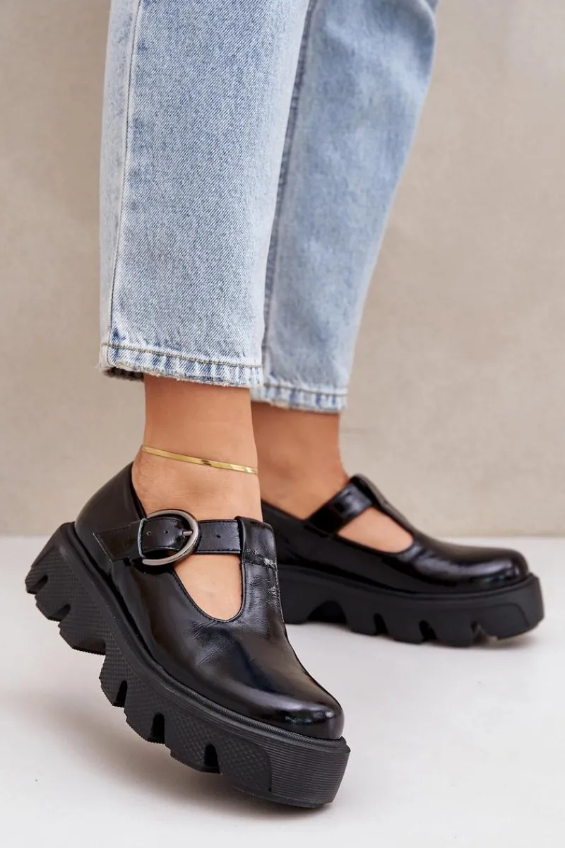 Półbuty Skórzane>Zazoo Lakierowane Skórzane Półbuty Z Klamrą 20183 Czarne Czarny