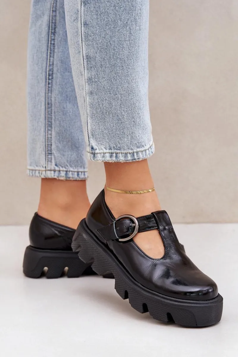 Półbuty Skórzane>Zazoo Lakierowane Skórzane Półbuty Z Klamrą 20183 Czarne Czarny