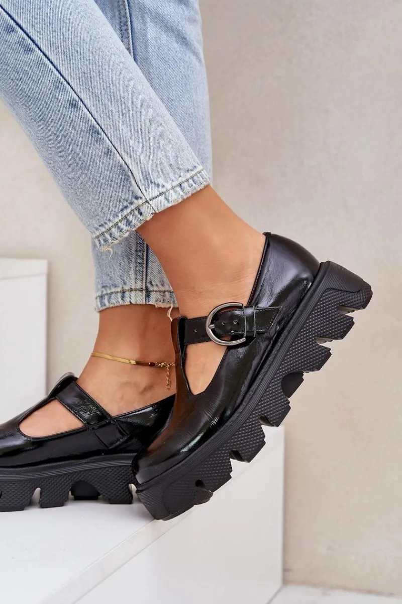 Półbuty Skórzane>Zazoo Lakierowane Skórzane Półbuty Z Klamrą 20183 Czarne Czarny