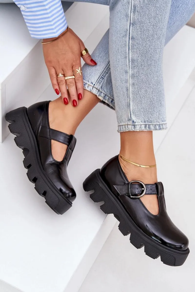 Półbuty Skórzane>Zazoo Lakierowane Skórzane Półbuty Z Klamrą 20183 Czarne Czarny