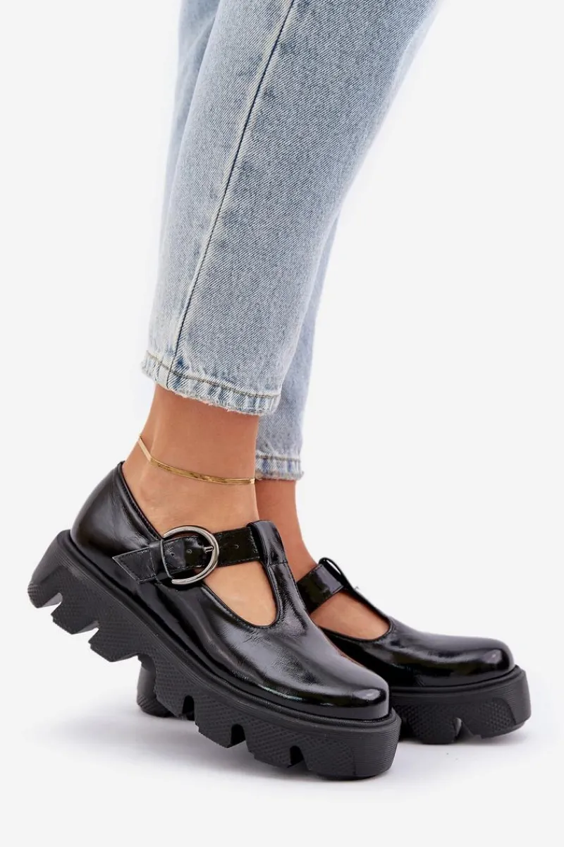 Półbuty Skórzane>Zazoo Lakierowane Skórzane Półbuty Z Klamrą 20183 Czarne Czarny