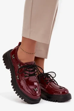 New Artiker Lakierowane Skórzane Półbuty Damskie Z Przypinkami 57C0336 Bordowe Czerwony