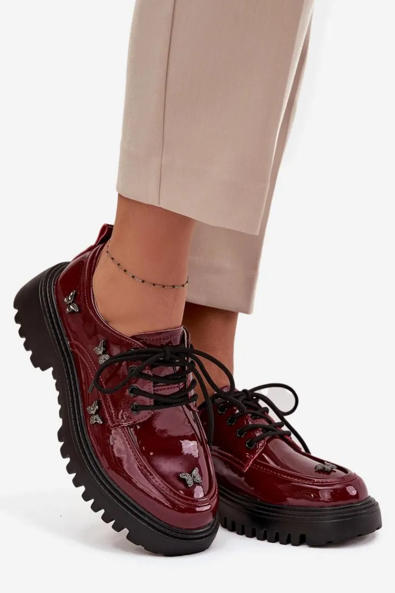 New Artiker Lakierowane Skórzane Półbuty Damskie Z Przypinkami 57C0336 Bordowe Czerwony