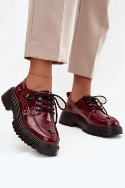 New Artiker Lakierowane Skórzane Półbuty Damskie Z Przypinkami 57C0336 Bordowe Czerwony