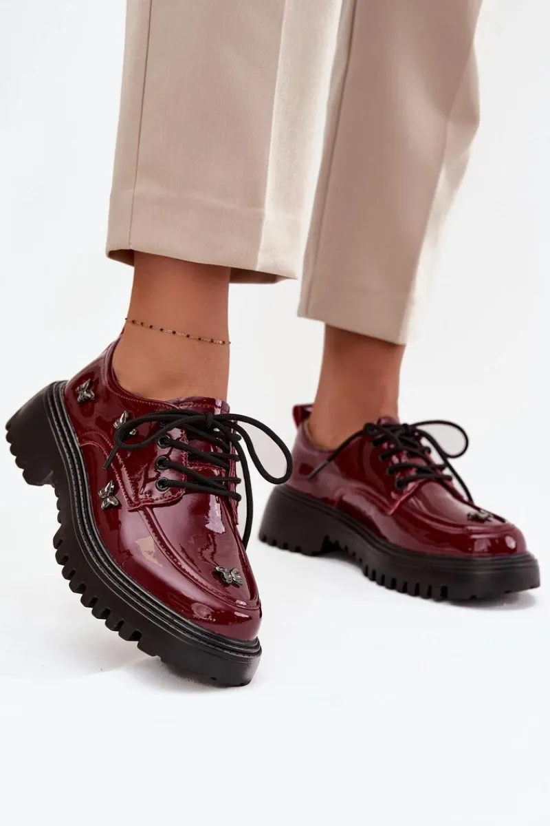 New Artiker Lakierowane Skórzane Półbuty Damskie Z Przypinkami 57C0336 Bordowe Czerwony