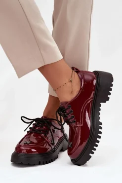 New Artiker Lakierowane Skórzane Półbuty Damskie Z Przypinkami 57C0336 Bordowe Czerwony