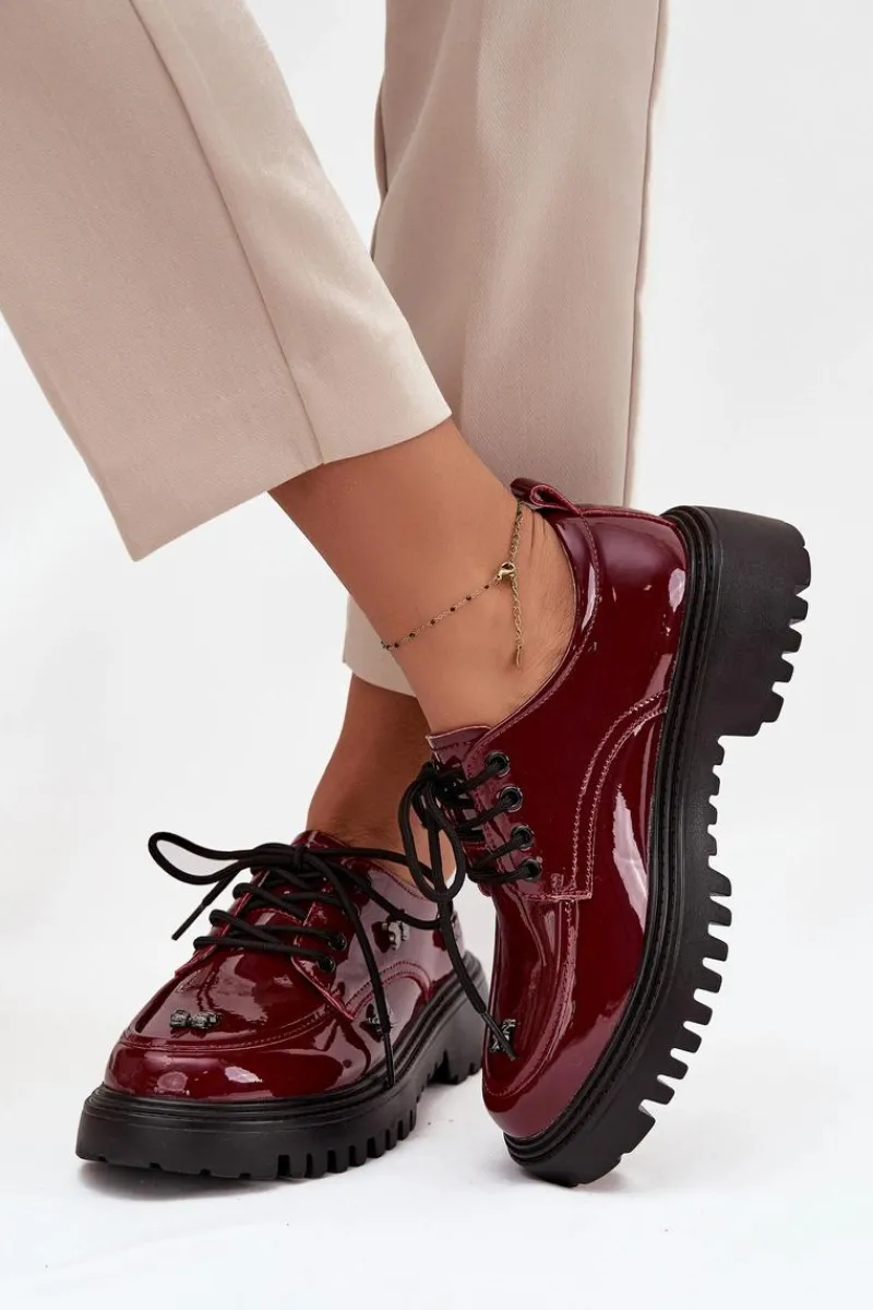 New Artiker Lakierowane Skórzane Półbuty Damskie Z Przypinkami 57C0336 Bordowe Czerwony