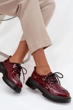 New Artiker Lakierowane Skórzane Półbuty Damskie Z Przypinkami 57C0336 Bordowe Czerwony