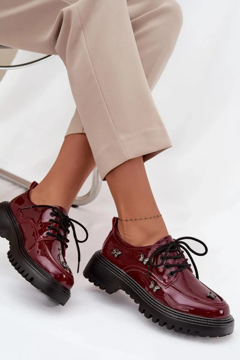 New Artiker Lakierowane Skórzane Półbuty Damskie Z Przypinkami 57C0336 Bordowe Czerwony