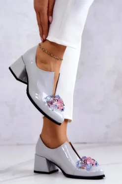 Półbuty Lakierowane|Półbuty Skórzane>Boto Lakierowane Skórzane Półbuty Gładkie Z Ozdobą Szare Delaver