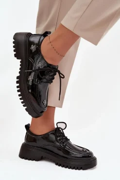 Sale Lakierowane Skórzane Półbuty Damskie Z Przypinkami 57C0333 Czarne Damskie Półbuty Lakierowane|Półbuty Skórzane