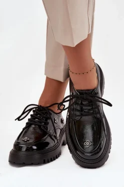 Sale Lakierowane Skórzane Półbuty Damskie Z Przypinkami 57C0333 Czarne Damskie Półbuty Lakierowane|Półbuty Skórzane