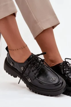 Sale Lakierowane Skórzane Półbuty Damskie Z Przypinkami 57C0333 Czarne Damskie Półbuty Lakierowane|Półbuty Skórzane
