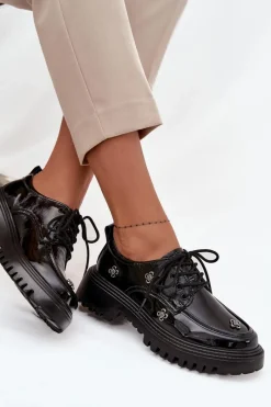 Sale Lakierowane Skórzane Półbuty Damskie Z Przypinkami 57C0333 Czarne Damskie Półbuty Lakierowane|Półbuty Skórzane