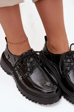 Sale Lakierowane Skórzane Półbuty Damskie Z Przypinkami 57C0333 Czarne Damskie Półbuty Lakierowane|Półbuty Skórzane