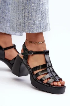 Online Buty damskie Vinceza Lakierowane Skórzane Sandały Damskie Na Słupku Vinceza 66621 Czarne Czarny