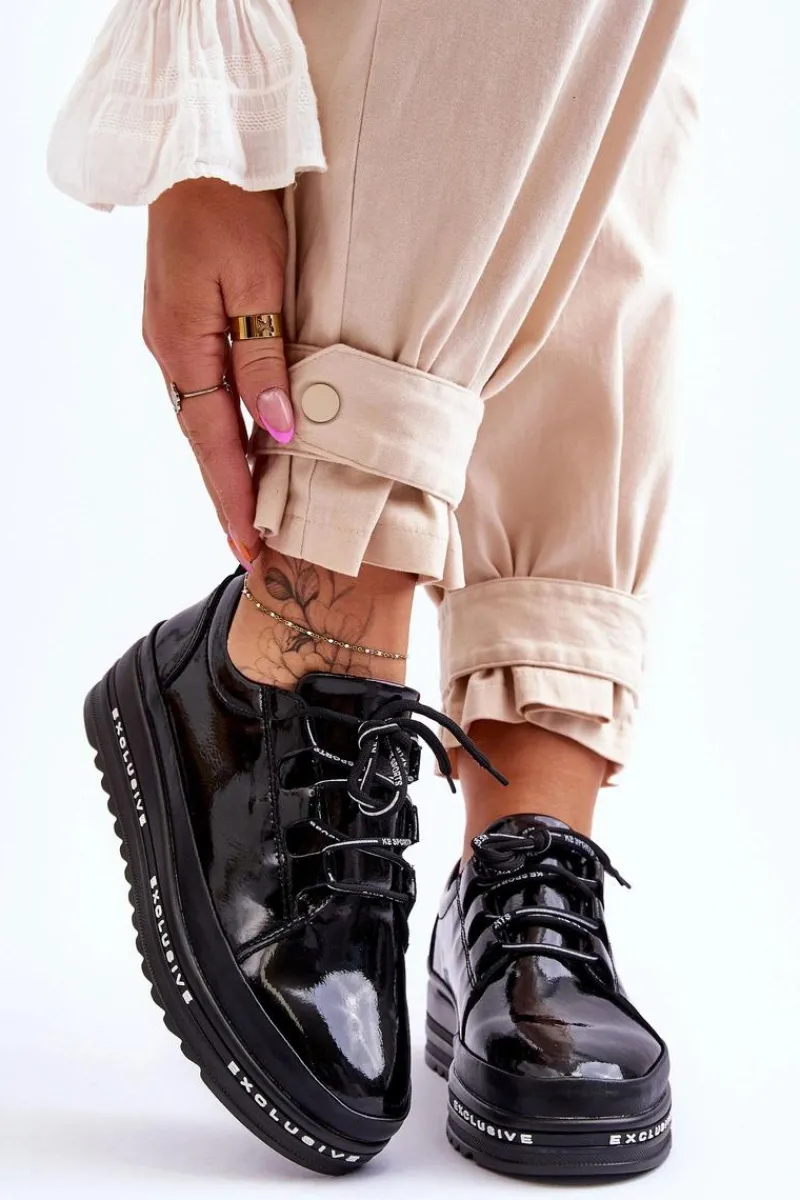 Online Lakierowane Sneakersy Damskie Na Platformie Czarne S.Barski LR592B Damskie Sneakersy Damskie