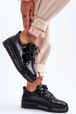 Online Lakierowane Sneakersy Damskie Na Platformie Czarne S.Barski LR592B Damskie Sneakersy Damskie