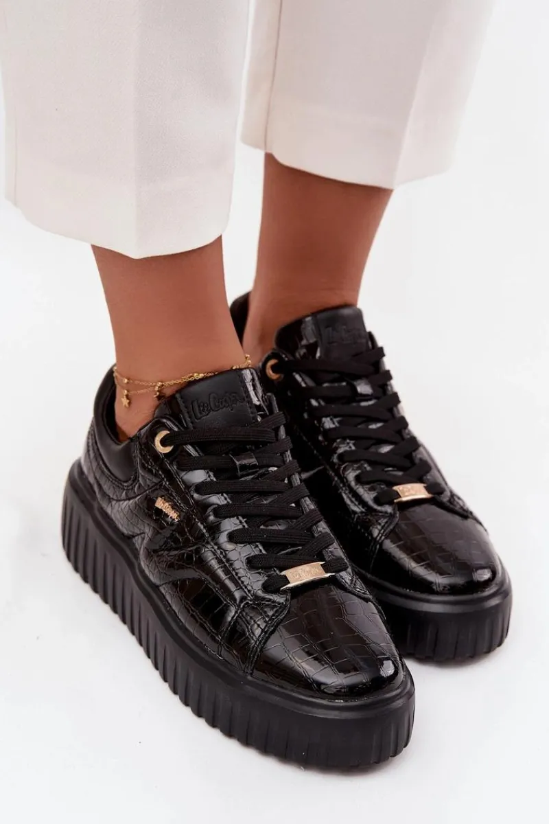 Online Lakierowane Sneakersy Damskie Na Platformie LCJ-25-09-3870 Czarne Damskie Sneakersy Damskie