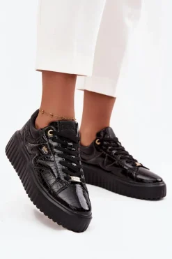 Online Lakierowane Sneakersy Damskie Na Platformie LCJ-25-09-3870 Czarne Damskie Sneakersy Damskie