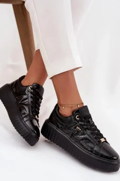 Online Lakierowane Sneakersy Damskie Na Platformie LCJ-25-09-3870 Czarne Damskie Sneakersy Damskie