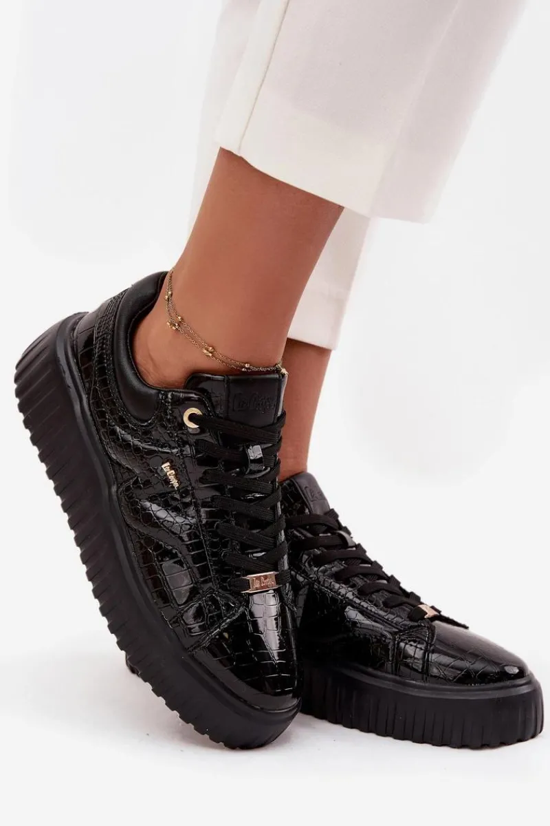 Online Lakierowane Sneakersy Damskie Na Platformie LCJ-25-09-3870 Czarne Damskie Sneakersy Damskie