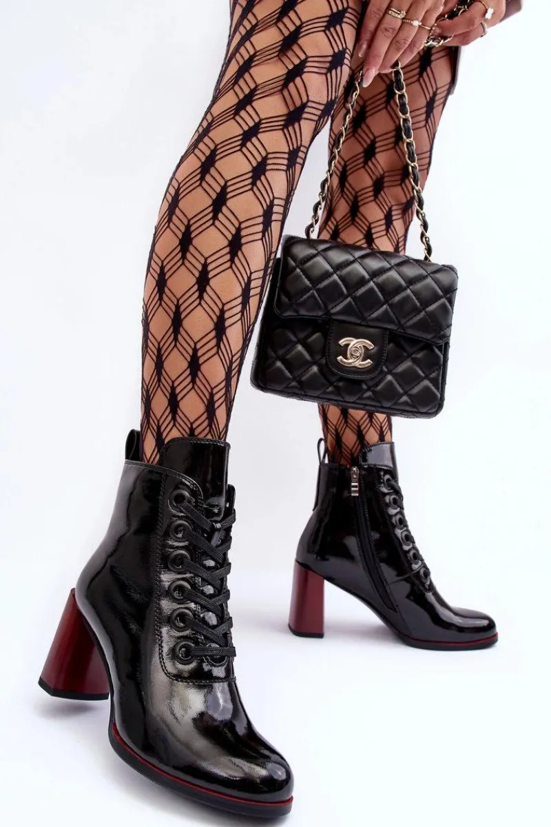 Botki Sznurowane|Botki Na Słupku>Damskie buty S.Barski Lakierowane Sznurowane Botki Na Słupku S.Barski MR870-15 Czarne