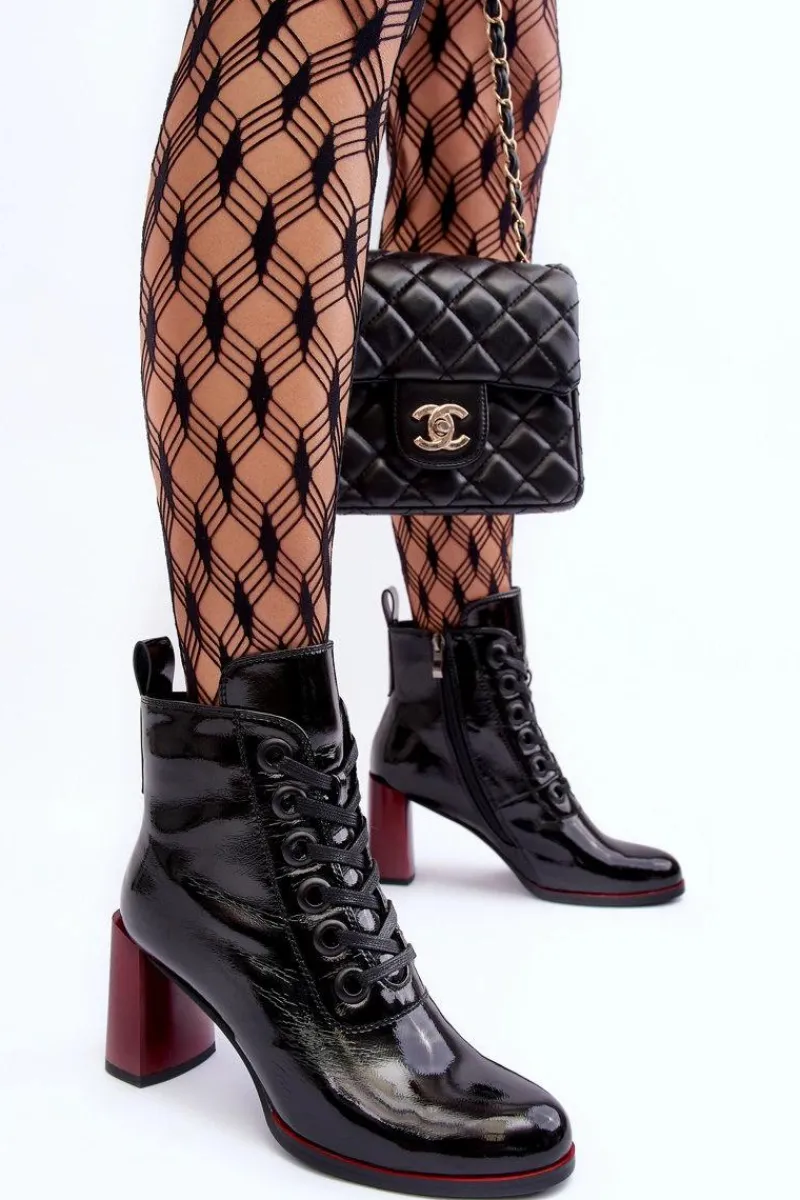 Botki Sznurowane|Botki Na Słupku>Damskie buty S.Barski Lakierowane Sznurowane Botki Na Słupku S.Barski MR870-15 Czarne