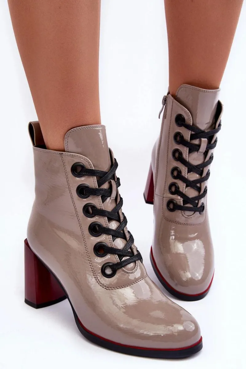 Botki Sznurowane|Botki Na Słupku>Damskie buty S.Barski Lakierowane Sznurowane Botki Na Słupku S.Barski MR870-15 Ciemnobeżowe