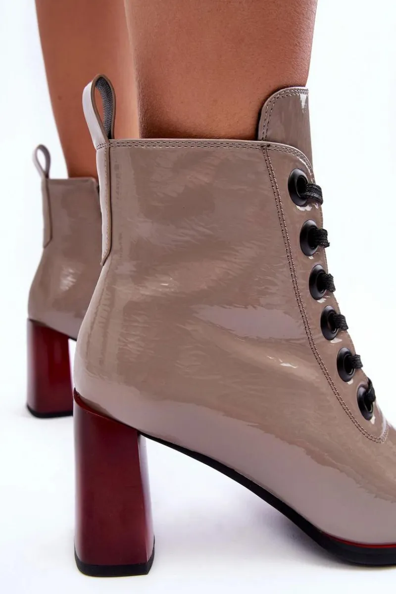 Botki Sznurowane|Botki Na Słupku>Damskie buty S.Barski Lakierowane Sznurowane Botki Na Słupku S.Barski MR870-15 Ciemnobeżowe