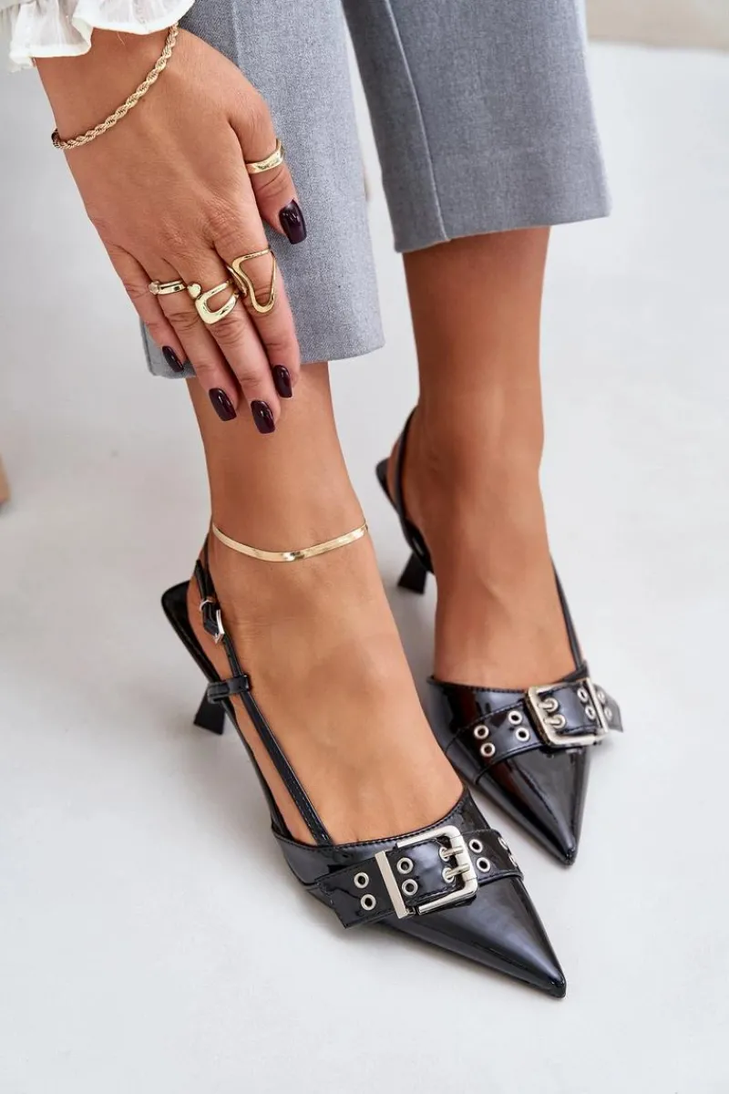 Lakierowane Szpilki Z Klamrą Czarne Zeisia Damskie Czółenka Klasyczne