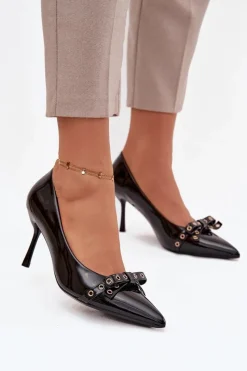 Czółenka Klasyczne>Boto Lakierowane Szpilki Z Kokardką Czarne Janisse Czarny