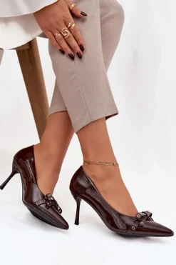 Outlet Lakierowane Szpilki Z Kokardką Czekoladowe Janisse Damskie Czółenka Klasyczne