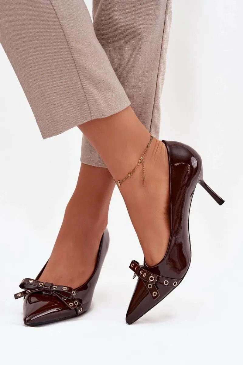 Outlet Lakierowane Szpilki Z Kokardką Czekoladowe Janisse Damskie Czółenka Klasyczne