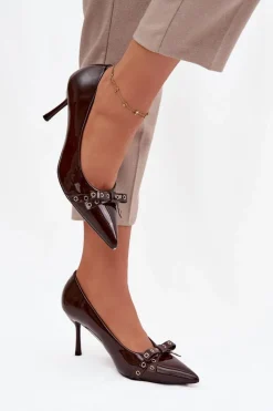 Outlet Lakierowane Szpilki Z Kokardką Czekoladowe Janisse Damskie Czółenka Klasyczne