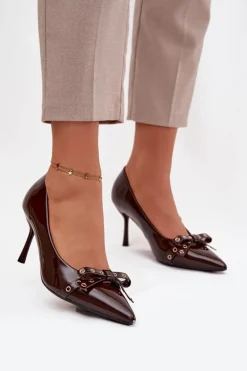 Outlet Lakierowane Szpilki Z Kokardką Czekoladowe Janisse Damskie Czółenka Klasyczne