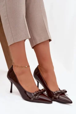 Outlet Lakierowane Szpilki Z Kokardką Czekoladowe Janisse Damskie Czółenka Klasyczne