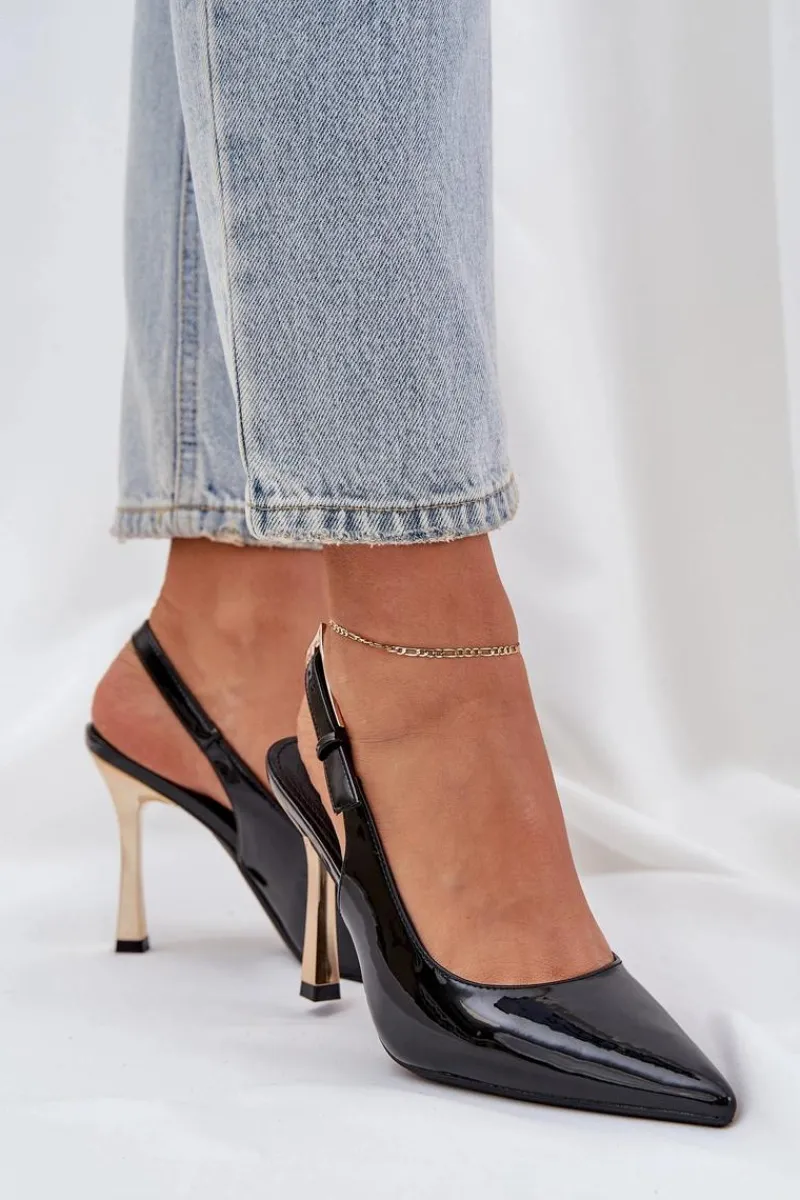 Czółenka Klasyczne>Boto Lakierowane Szpilki Z Odkrytą Piętą I Szpiczastymi Noskami Czarne Rivori