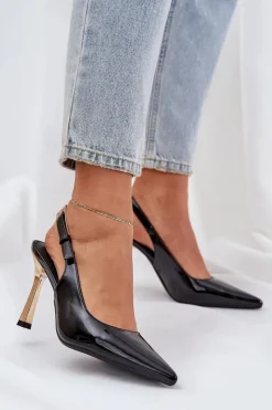 Czółenka Klasyczne>Boto Lakierowane Szpilki Z Odkrytą Piętą I Szpiczastymi Noskami Czarne Rivori