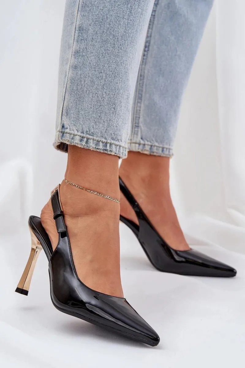 Czółenka Klasyczne>Boto Lakierowane Szpilki Z Odkrytą Piętą I Szpiczastymi Noskami Czarne Rivori