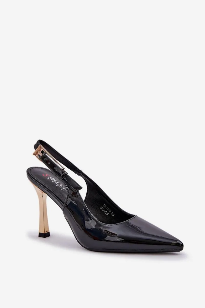 Czółenka Klasyczne>Boto Lakierowane Szpilki Z Odkrytą Piętą I Szpiczastymi Noskami Czarne Rivori