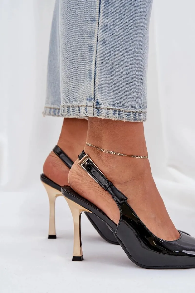 Czółenka Klasyczne>Boto Lakierowane Szpilki Z Odkrytą Piętą I Szpiczastymi Noskami Czarne Rivori