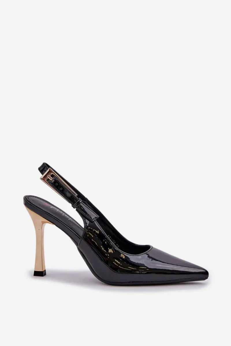 Czółenka Klasyczne>Boto Lakierowane Szpilki Z Odkrytą Piętą I Szpiczastymi Noskami Czarne Rivori