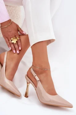 Discount Lakierowane Szpilki Z Odkrytą Piętą I Szpiczastymi Noskami Beżowe Rivori Damskie Czółenka Klasyczne