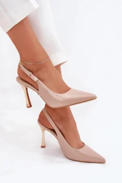 Discount Lakierowane Szpilki Z Odkrytą Piętą I Szpiczastymi Noskami Beżowe Rivori Damskie Czółenka Klasyczne