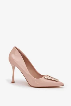 New Boto Lakierowane Szpilki Ze Złotym Detalem Beżowe Paivelle Beżowy