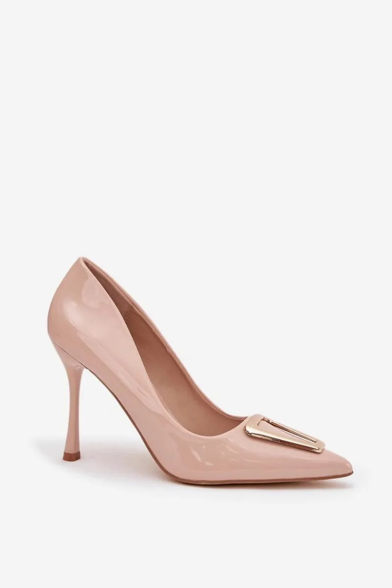 New Boto Lakierowane Szpilki Ze Złotym Detalem Beżowe Paivelle Beżowy