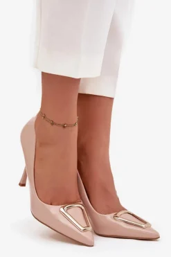 New Boto Lakierowane Szpilki Ze Złotym Detalem Beżowe Paivelle Beżowy